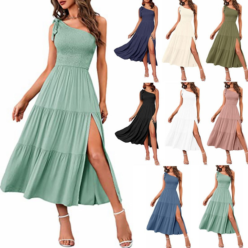 2023 New Summer Fashion Women's One-shoulder Pleated Layered Hem Split Dress (Copy)